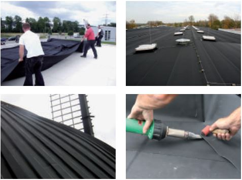 Four-step guide of EDPM roofing membrane being fitted on a roof