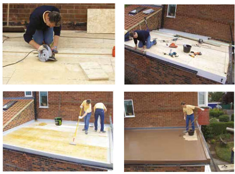 Four images showing the application process of GRP roofing