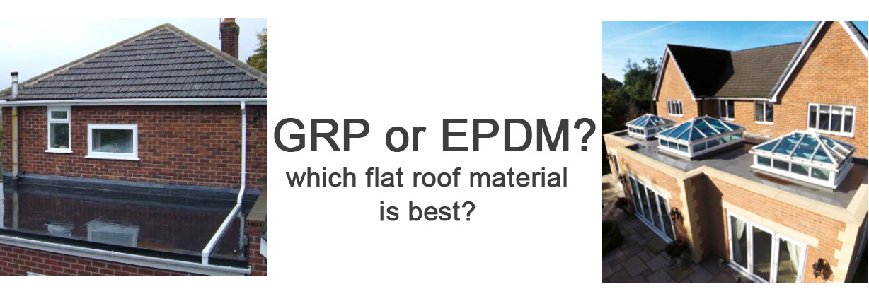 A side-by-side image of GRP and EPDM flat roof material on separate houses