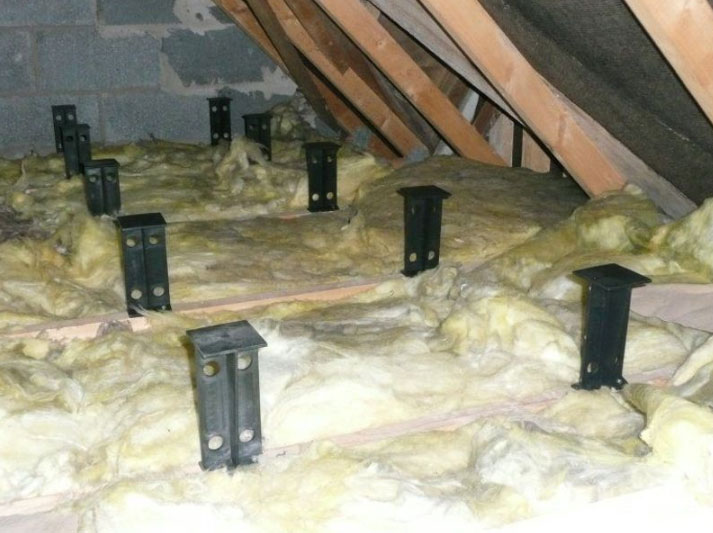 Two rows of loft leg supports in an attic