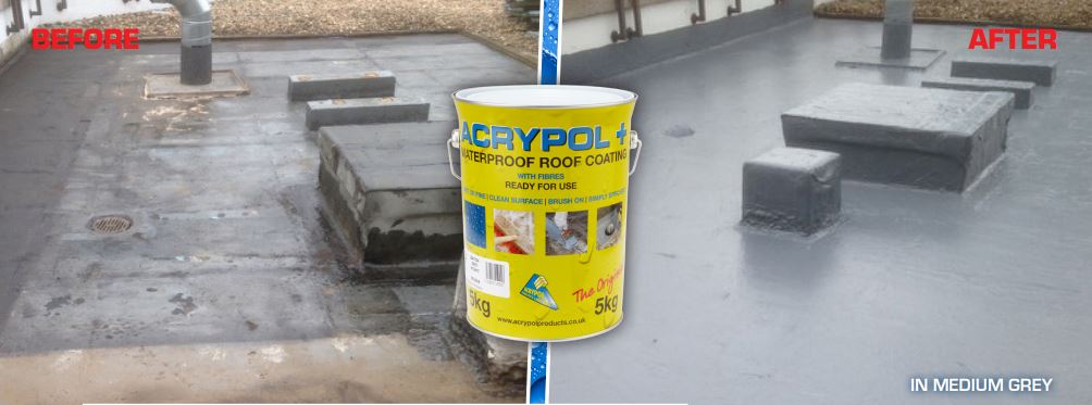 A tin of Acrypol + roof coating with a before & after example in the background