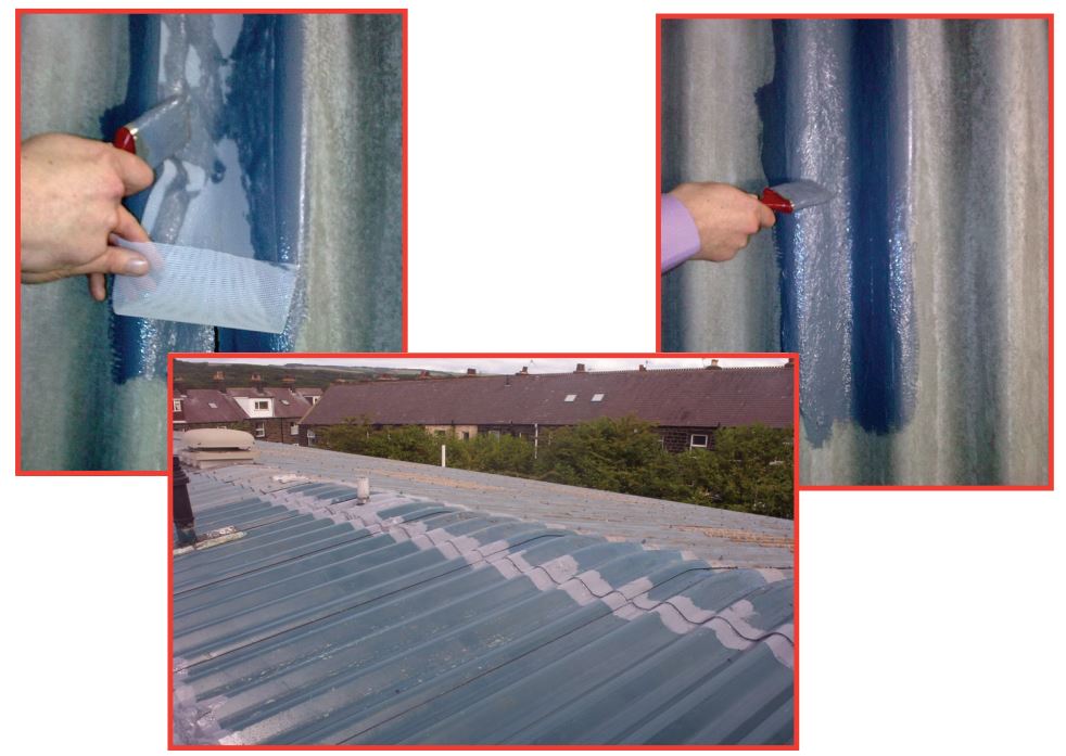 Acrypol scrim being applied to corrugated roofing with a paint brush