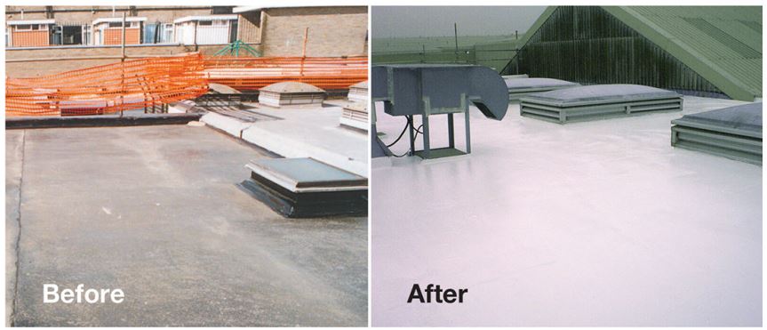 A before & after image of Acrypol system 10 on a flat roof