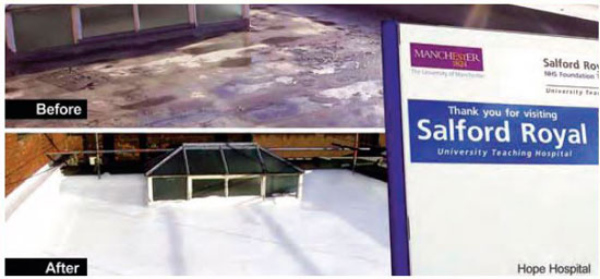 A before & after image of Acrypol system 15 on a flat roof at Salford Royal University Teaching Hospital