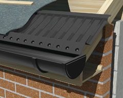 A 3D image of an eaves support tray fitted on a roof.