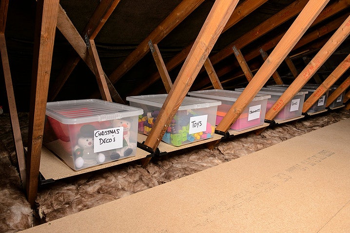 Storage boxes on additional loft boardings in an attic
