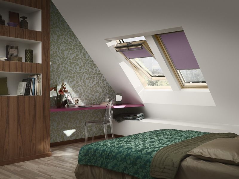 VELUX purple blinds and with VELUX windows