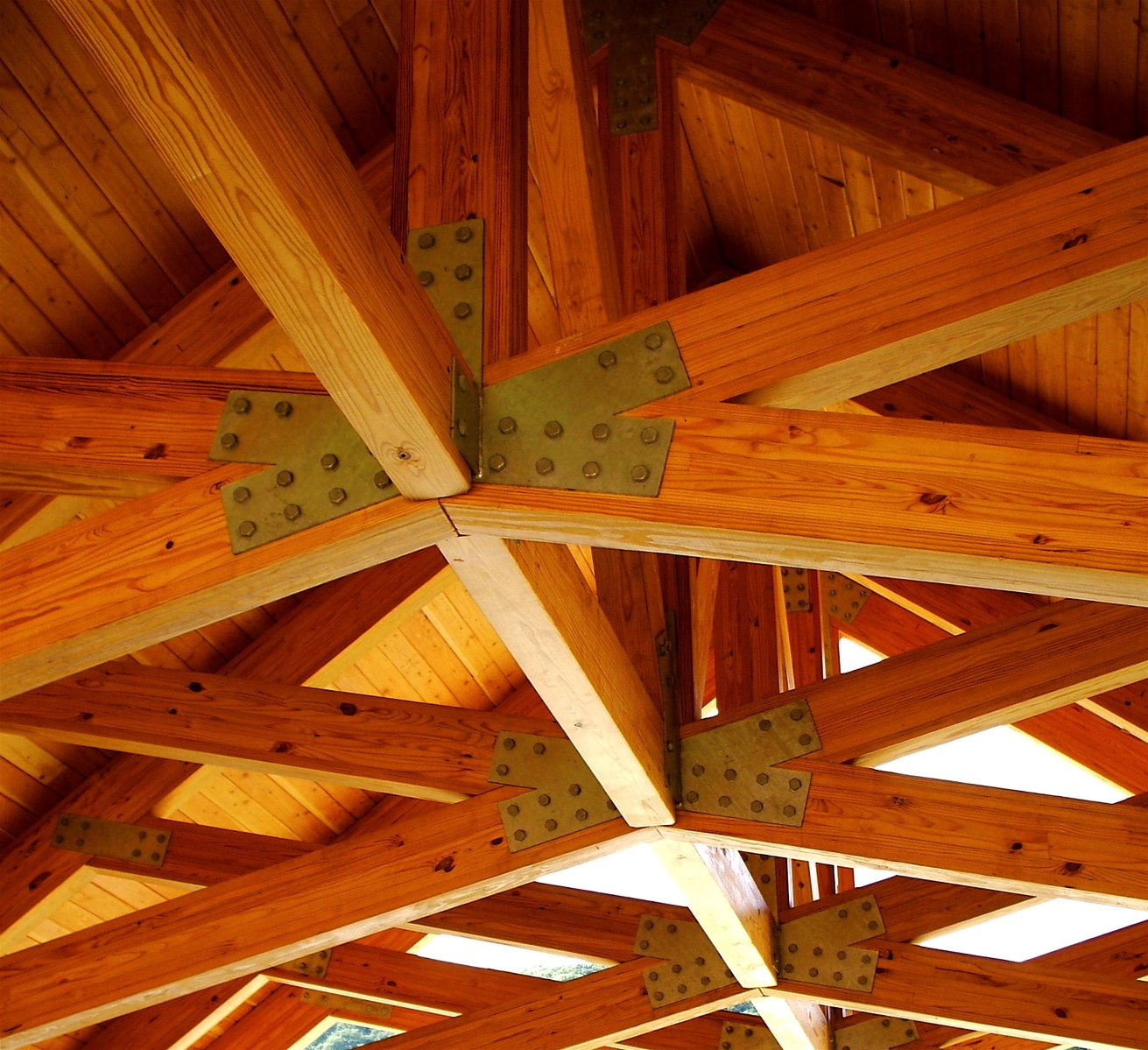 A network of wooden beams in a roof 