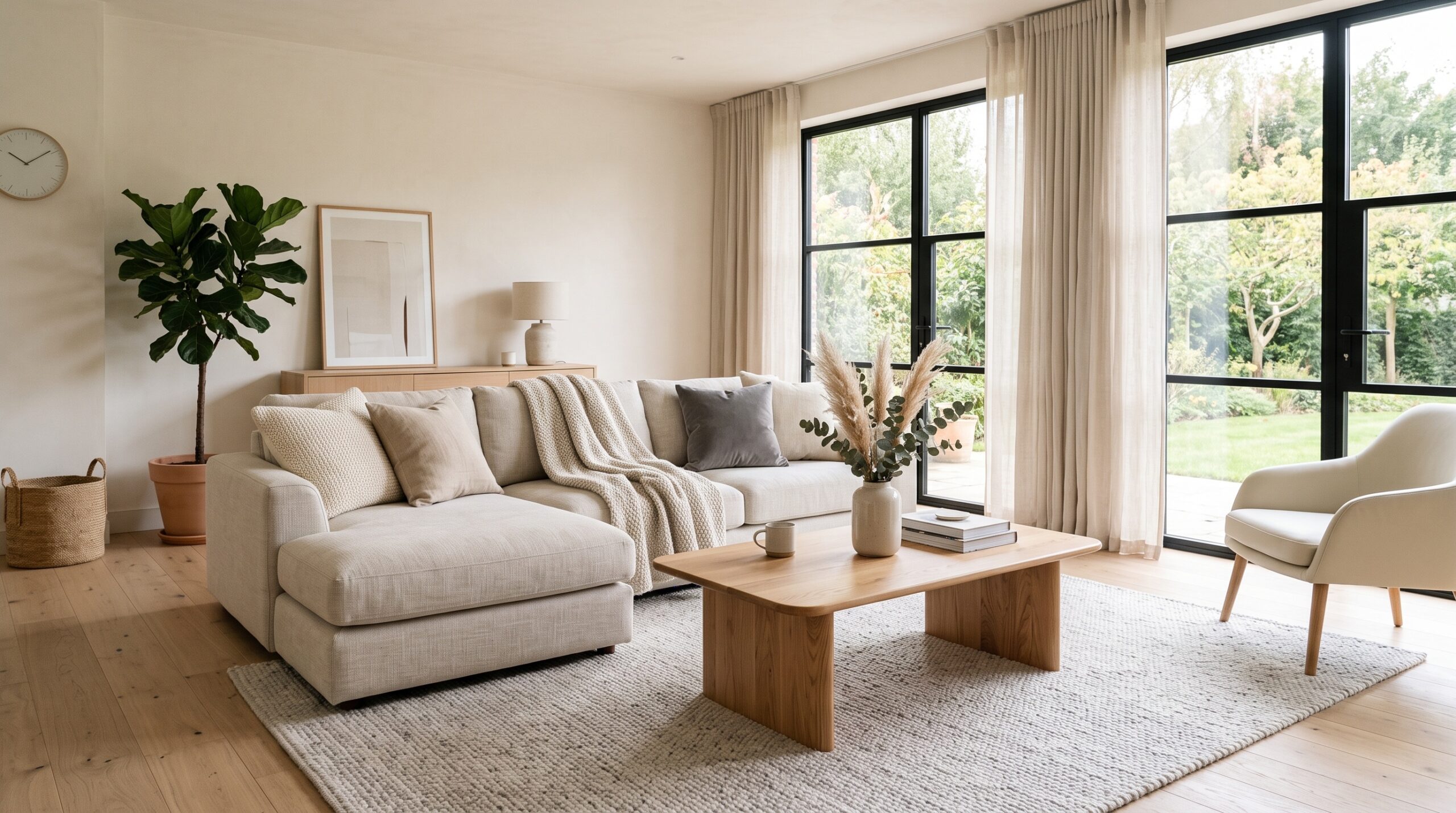 Modern living room with cream and beige furnishings including sofa and chairs. The room is bright and airy with oak wood effect flooring and wooden coffee table, complete with house plants. To the right, there are two sets of black framed glazed modern French doors, letting in an abundance of natural light.